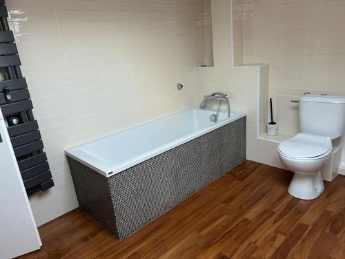 une salle de bain avec baignoire et toilettes dans l'établissement Ferme gite de la Garrigue, à Maraussan