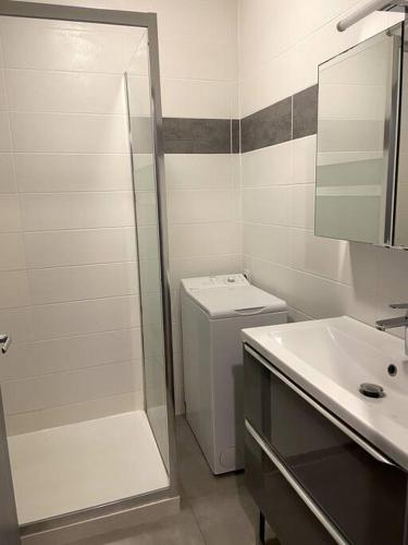 une salle de bain avec une douche, des toilettes et un lavabo dans l'établissement Studio à 2 pas du port, à Saint-Cyprien