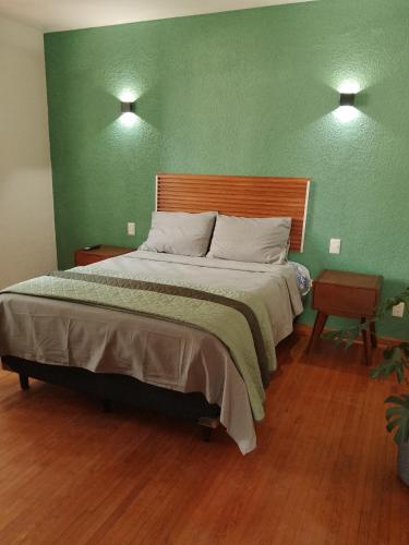 a bedroom with a large bed with a green wall at Casa IAIA in Mexico City