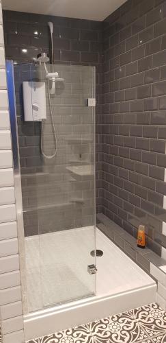 a shower with a glass door in a bathroom at Spectacular Views, Great Location, Friendly in Brighton & Hove