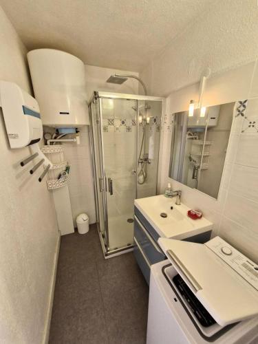 La petite salle de bains est pourvue d'une douche et d'un lavabo. dans l'établissement Résidence LE GINESTOU - Maisons & Villas pour 4 Personnes 24, à Port-Leucate