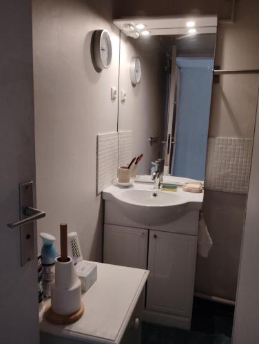 une petite salle de bain avec un lavabo et un miroir dans l'établissement Studio Cap d' Agde centre port, au Cap d'Agde