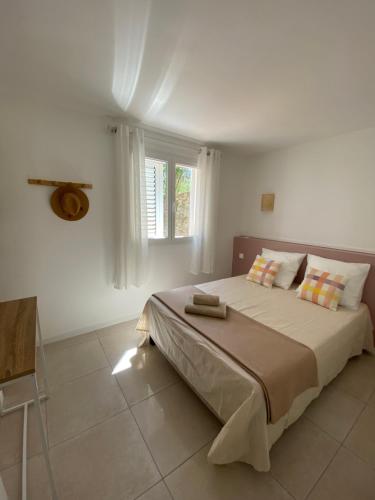 une chambre avec un grand lit avec une fenêtre dans l'établissement Entre mer et montagne, à Porto-Vecchio