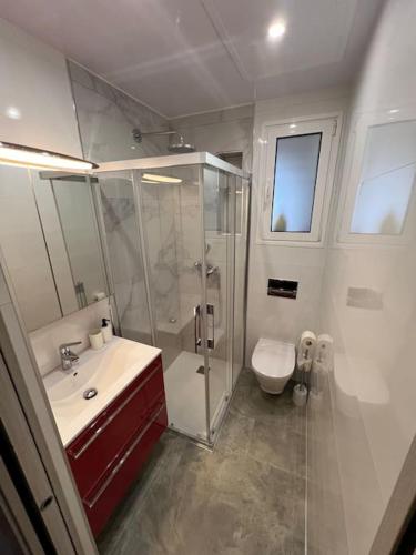 a bathroom with a shower and a sink and a toilet at Casita independiente Casa Corban in Santander