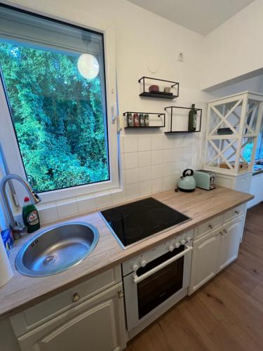 a kitchen with a sink and a large window at Wohnung mit schönem Aussicht in Bendorf