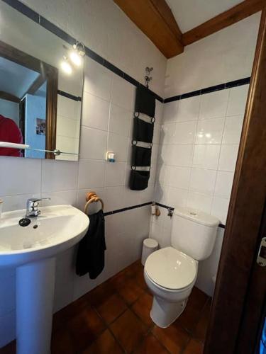a bathroom with a white toilet and a sink at Casa del Albogue in Horcajuelo de la Sierra