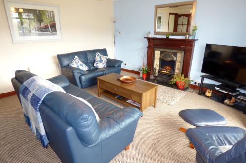 ein Wohnzimmer mit 2 blauen Sofas und einem Kamin in der Unterkunft Ken-Mar House Bed and Breakfast in Ballymoney