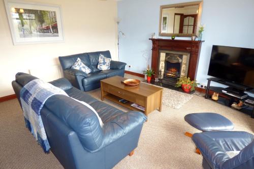 a living room with two blue couches and a fireplace at Ken-Mar House Bed and Breakfast in Ballymoney