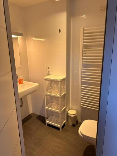 a small bathroom with a sink and a toilet at Al Nafurah Apartments in Munich