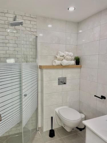 a bathroom with a toilet and a shower and towels at BaGiva צימרים in Giv'at Avni
