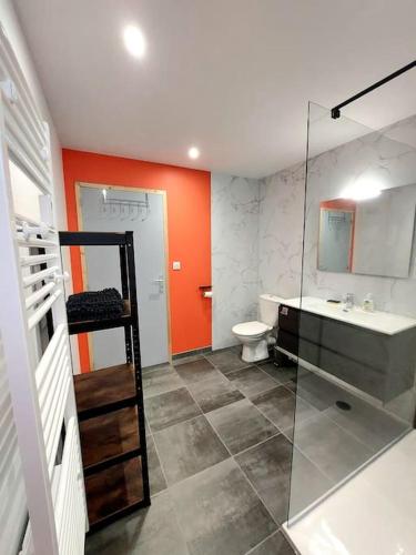 une salle de bain avec toilettes, lavabo et douche dans l'établissement Le Caladou ! T3 classé 3 étoiles - Centre ville, à Espalion