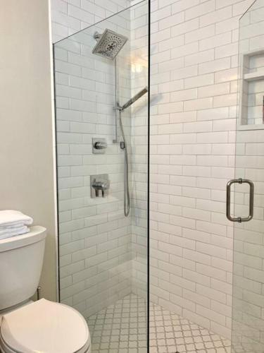 a bathroom with a glass shower with a toilet at Beautiful Modern In-town Studio with Kitchenette in Telluride