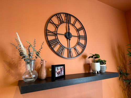 a clock on the wall above a shelf with plants at Birmingham City Stay Apartments in Birmingham