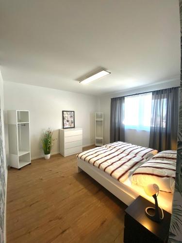 a bedroom with a large bed and a window at Naturnahe Wohnung in Zettingen A in Zettingen