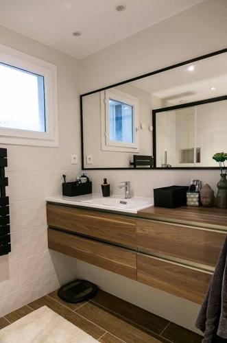 une salle de bain avec un lavabo et un grand miroir dans l'établissement Cosy flat Paris 14, à Paris