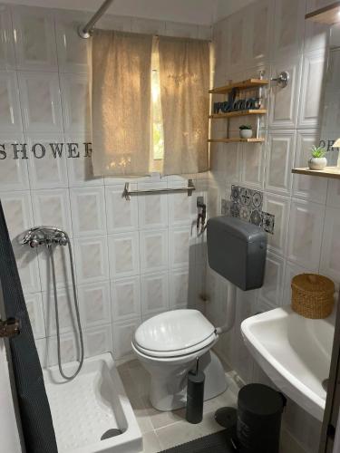 a small bathroom with a toilet and a sink at ThePoolhouse Artemida in Áyios Spirídhon