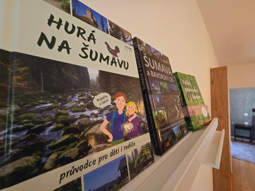 a group of posters hanging on a wall at Alpine Apartment Šumava in Čachrov