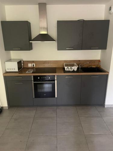 une cuisine avec une cuisinière et un comptoir dans l'établissement Appartement cozy, 2 chambres en plein cœur de Montpellier, à Montpellier