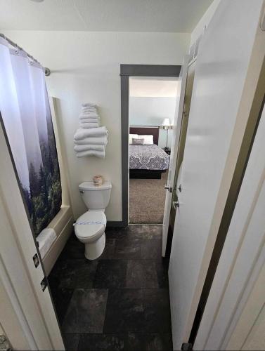a bathroom with a toilet and a bed at El Rancho Motel in Williams