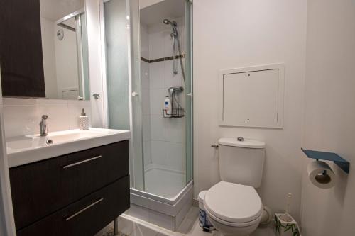 a bathroom with a shower and a toilet and a sink at Appartement cosy aux portes de Paris in Aubervilliers