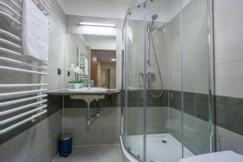 a bathroom with a shower and a sink at Pensjonat Kanion in Szklarska Poręba