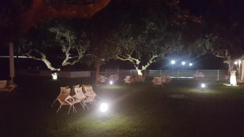 a group of chairs sitting in the grass at night at Complejo The Dreams in Cazalegas