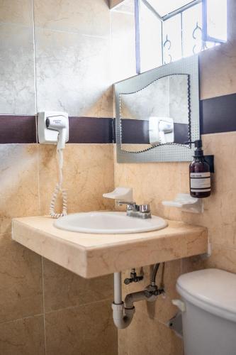a bathroom with a sink and a mirror and a toilet at Hotel María de la Luz in Valladolid