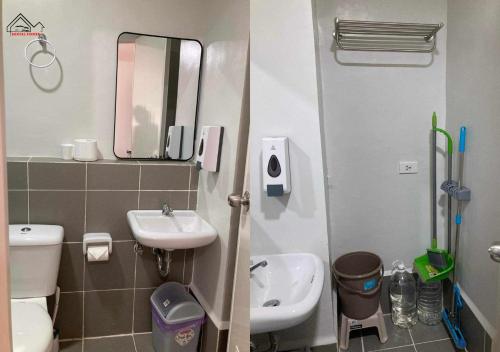a bathroom with a sink and a toilet and a mirror at Affordable Group Stay with a Balcony, Free Parking, Pool and Gym - B2 7Opals in Puerto Princesa City