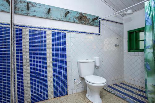 a bathroom with a toilet and a shower with blue tiles at Pousada Encanto das Águas in Ilhabela