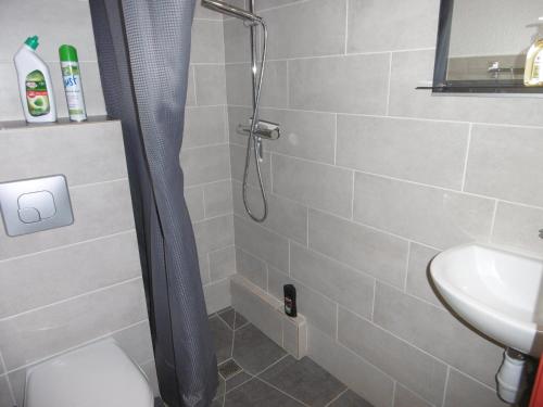 une salle de bain avec une douche avec des toilettes et un lavabo dans l'établissement T2 cabine climatisé avec piscine, parking privé, proche port et commerces, idéal 4-5 pers. - FR-1-796-9, à Gruissan