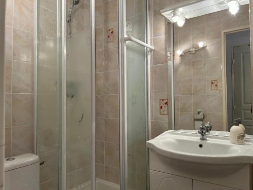 une salle de bain avec une douche, un lavabo et des toilettes dans l'établissement Joli T2 Climatisé avec Cour Privée et Parking, à 500m Plage et Port - Saint Cyprien - FR-1-793-2, à Saint-Cyprien