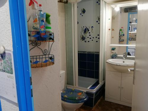 une petite salle de bain avec toilettes et lavabo dans l'établissement Gruissan - À 2 Pas de la Plage - Studio Cabine pour 4 - Parking Sécurisé - FR-1-796-15, à Gruissan