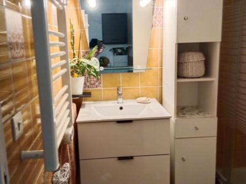 une petite salle de bain avec un lavabo et une fenêtre dans l'établissement T2 avec Alcôve à Saint-Cyprien, PKG, Proche Plage - FR-1-793-8, à Saint-Cyprien