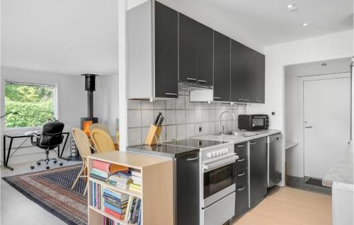 a kitchen with stainless steel appliances and a table at 1 Bedroom Beautiful Home In Ølsted in Ølsted