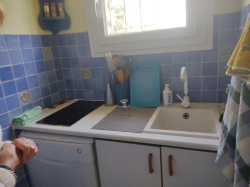 une cuisine avec un évier et un plan de travail dans l'établissement Villa Climatisée Bord de l'Eau - 4/5 pers - Proche Plage avec Parking Privé - FR-1-796-30, à Gruissan