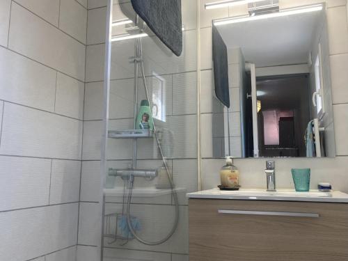 une salle de bain avec une douche, un lavabo et un miroir dans l'établissement Villa 6/7 pers climatisée - Proche port et village - Parking privé - FR-1-796-36, à Gruissan