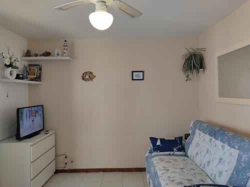 un salon avec un canapé bleu et une télévision dans l'établissement Studio cosy avec parking sécurisé à 50m de la Plage du Grazel - FR-1-796-47, à Gruissan
