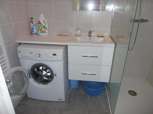 une petite salle de bains avec un lave-linge et un lavabo dans l'établissement Villa 8 pers, proche plage, terrasse, secteur calme, animaux ok, Gruissan - FR-1-796-67, à Gruissan