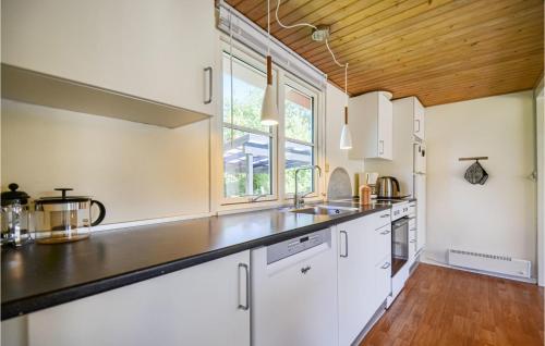 a kitchen with white cabinets and a wooden ceiling at Holiday Home Østerskovvej Grenaa Xii in Grenå