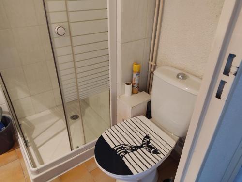 une salle de bain avec des toilettes avec un squelette sur le siège dans l'établissement Studio centre port Gruissan, piscine, tennis, 2/3 pers - FR-1-796-31, à Gruissan