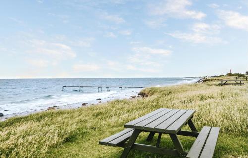 a picnic table sitting on the grass near the beach at Lovely Home In Kalundborg With Wifi in Kalundborg