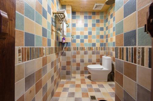 a bathroom with a toilet and tiled walls at Butterfly Flowers Inn in Zhangjiajie