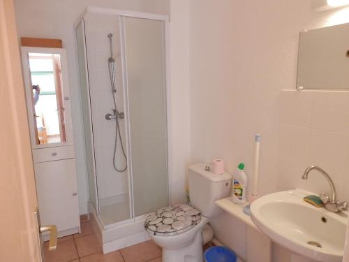 une salle de bain avec une douche, des toilettes et un lavabo dans l'établissement Villa Climatisée à Gruissan, Proche Plage Grazel, 6 Pers, Parking Privé, Terrasse, Équipée - FR-1-796-70, à Gruissan