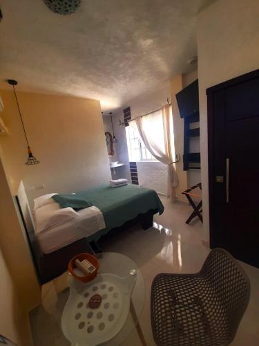 a bedroom with a bed and a chair in it at Hostal Cann's House in Puerto Baquerizo Moreno