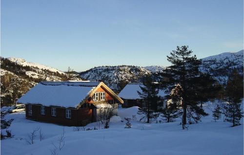 a log cabin in the snow with trees and mountains at 5 Bedroom Amazing Home In Kvinlog in Stakkeland