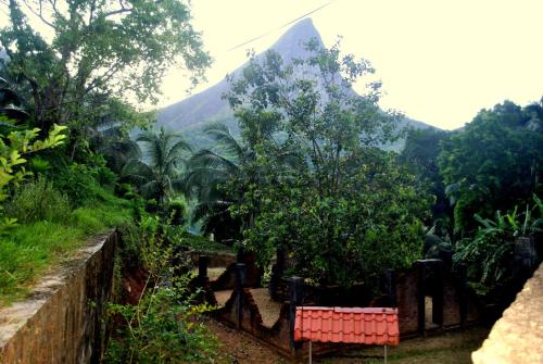 a mountain in the distance with a fence and trees at Meemure Rawana Adawiya in Meemure