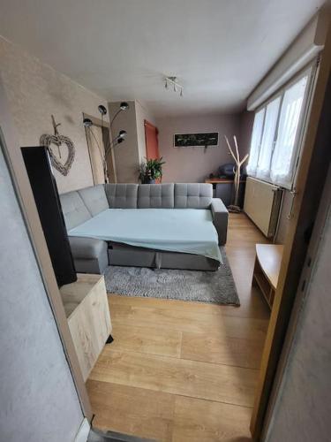 une chambre avec un lit et un canapé dans une pièce dans l'établissement Au ptit bonheur comtois, à Rosières-sur-Barbèche