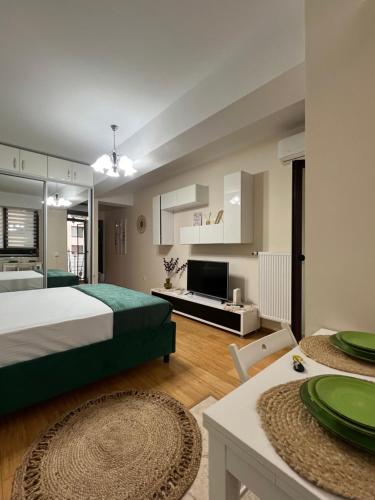 a bedroom with a bed and a living room at Studio near Copou Hospitals IRO Parhon in Iaşi