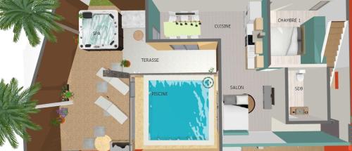 a floor plan of a house with a pool at Villa centre Grand Baie in Grand Baie