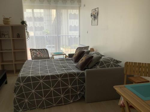 une chambre avec un lit, un canapé et une fenêtre dans l'établissement Joli studio proche de la nature, à La Grande Motte